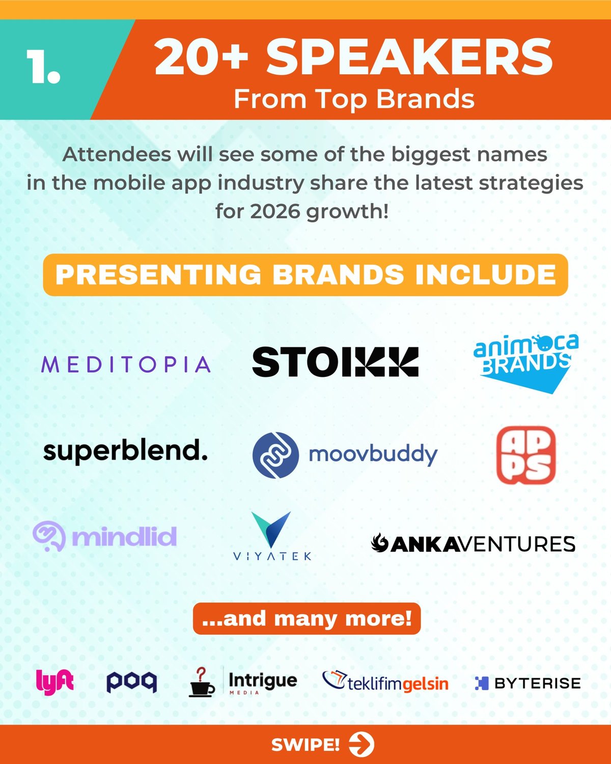 App Growth Summit Istanbul 2026 announcement graphic listing presenting brands, including Mindlid alongside Meditopia, Stoikk, Animoca Brands, Superblend, Moovbuddy, Apps, Viyatek, Anka Ventures, Lyft, Poq, Intrigue Media, Teklifimgelsin, and Byterise.